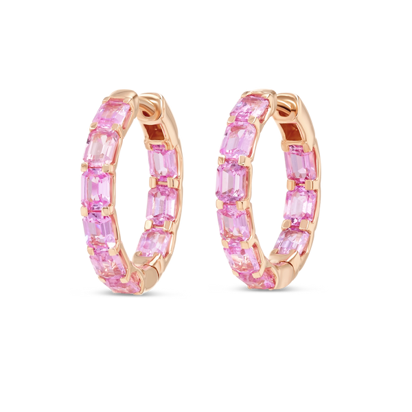 Emerald Cut Ceylon Pink Sapphire Hoop Earrings Yellow Gold