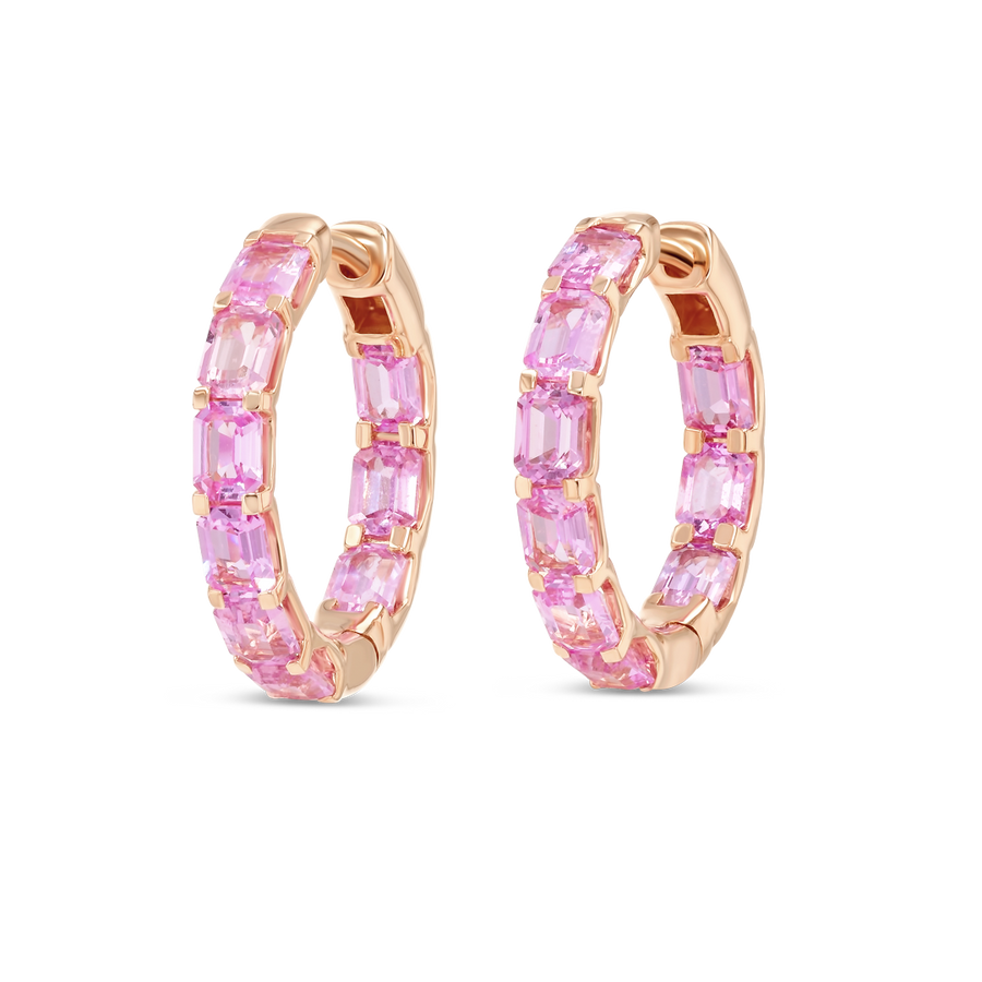 Emerald Cut Ceylon Pink Sapphire Hoop Earrings Yellow Gold