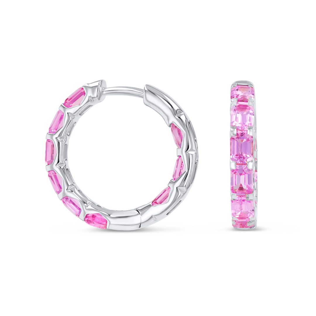 Emerald Cut Ceylon Pink Sapphire Hoop Earrings White Gold