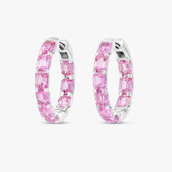 Emerald Cut Ceylon Pink Sapphire Hoop Earrings White Gold