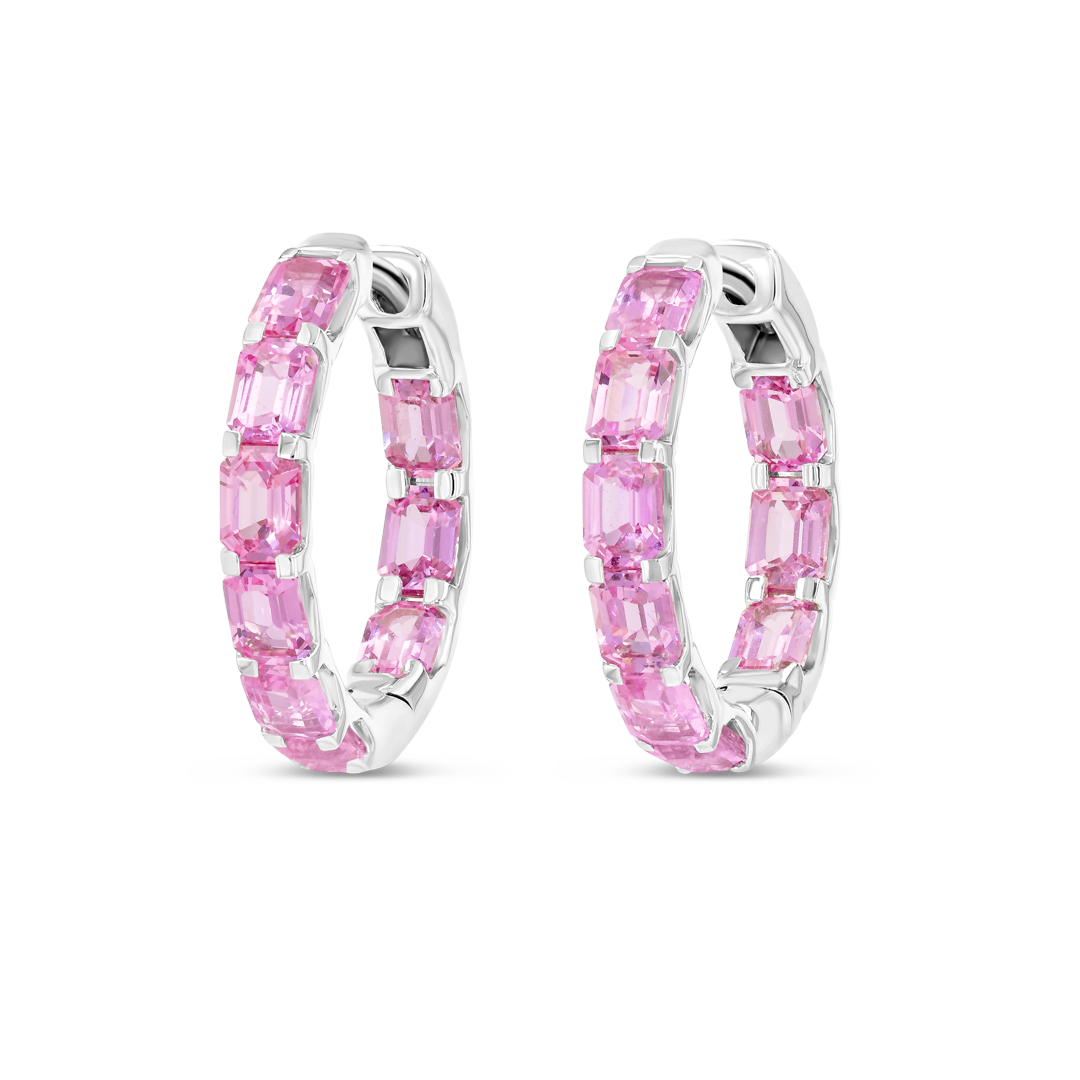 Emerald Cut Ceylon Pink Sapphire Hoop Earrings White Gold