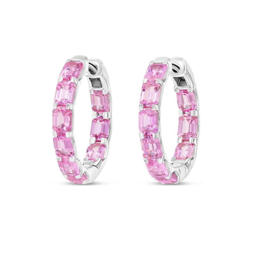 Emerald Cut Ceylon Pink Sapphire Hoop Earrings White Gold