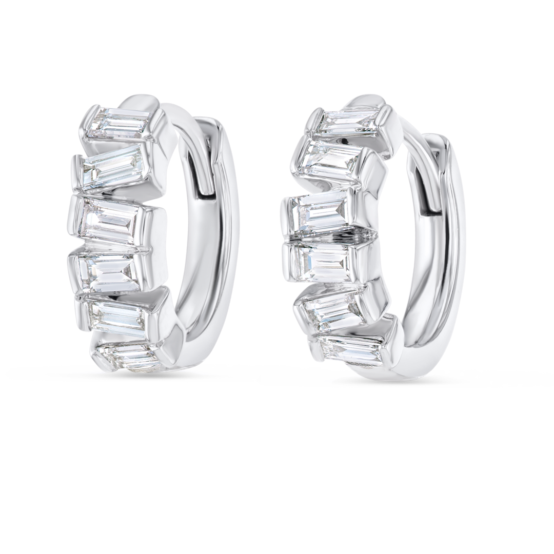 Half Horizontal Baguette Lab-Grown Diamond Hoop Earrings White Gold