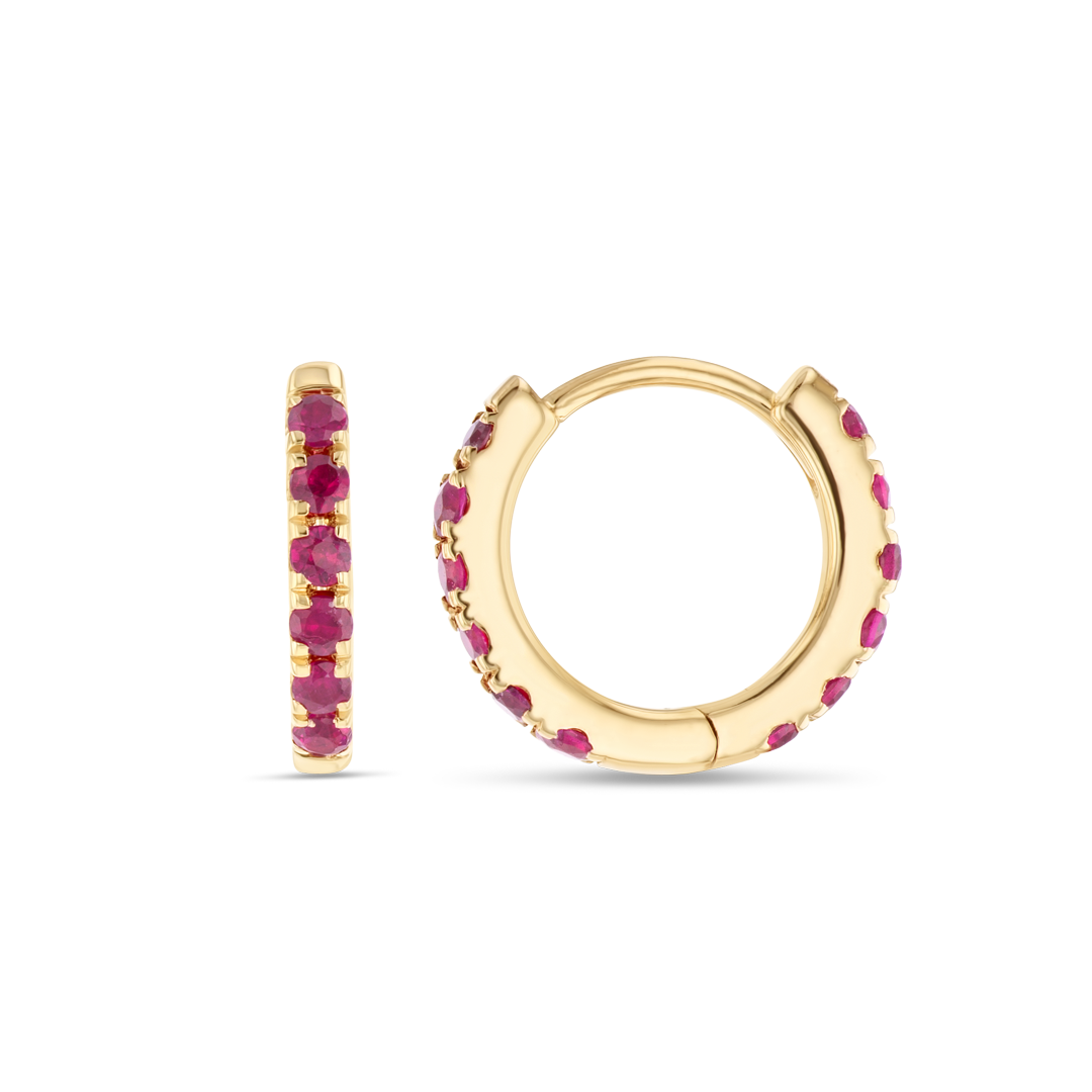 Small Ruby Huggie Earrings Yellow Gold