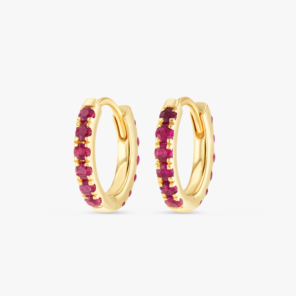 Small Ruby Huggie Earrings Yellow Gold