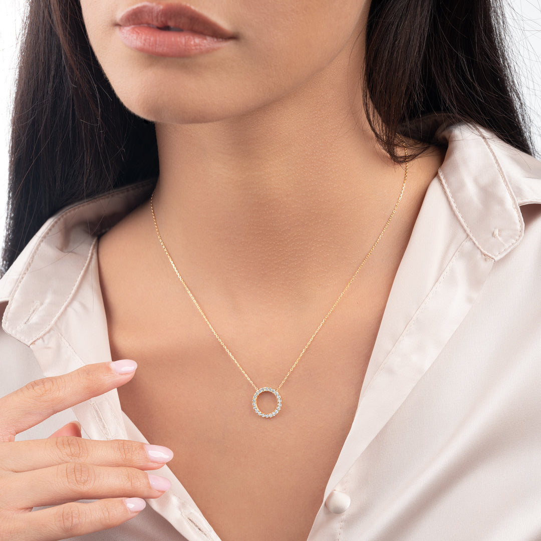 Thin Circle Natural Diamond Pendant Yellow Gold