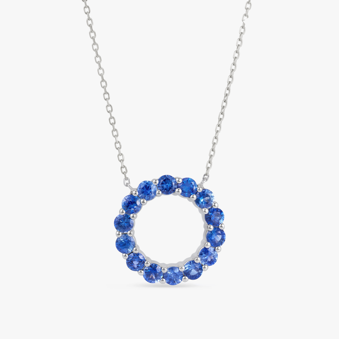 Large Blue Sapphire Circle Pendant White Gold