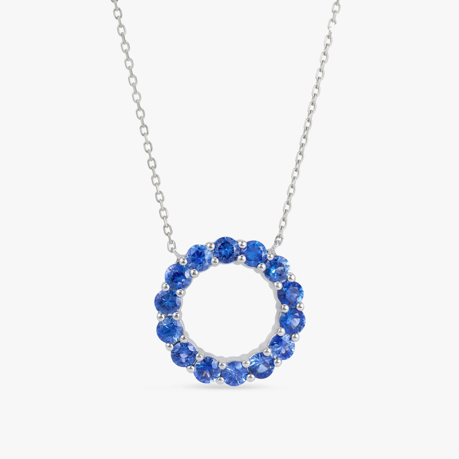 Large Blue Sapphire Circle Pendant White Gold