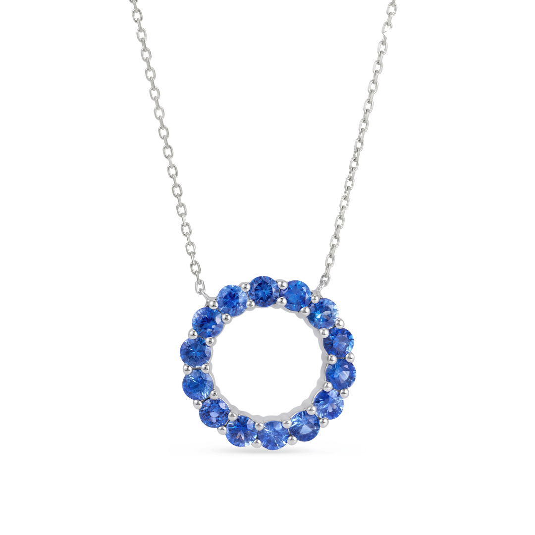 Large Blue Sapphire Circle Pendant White Gold