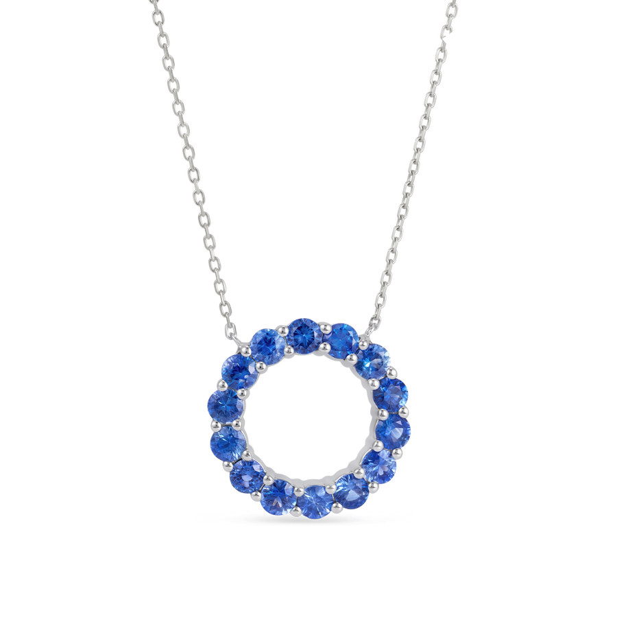 Large Blue Sapphire Circle Pendant White Gold