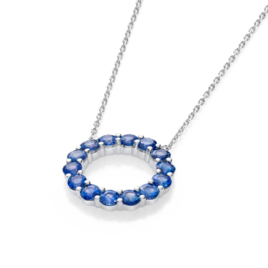 Large Blue Sapphire Circle Pendant White Gold
