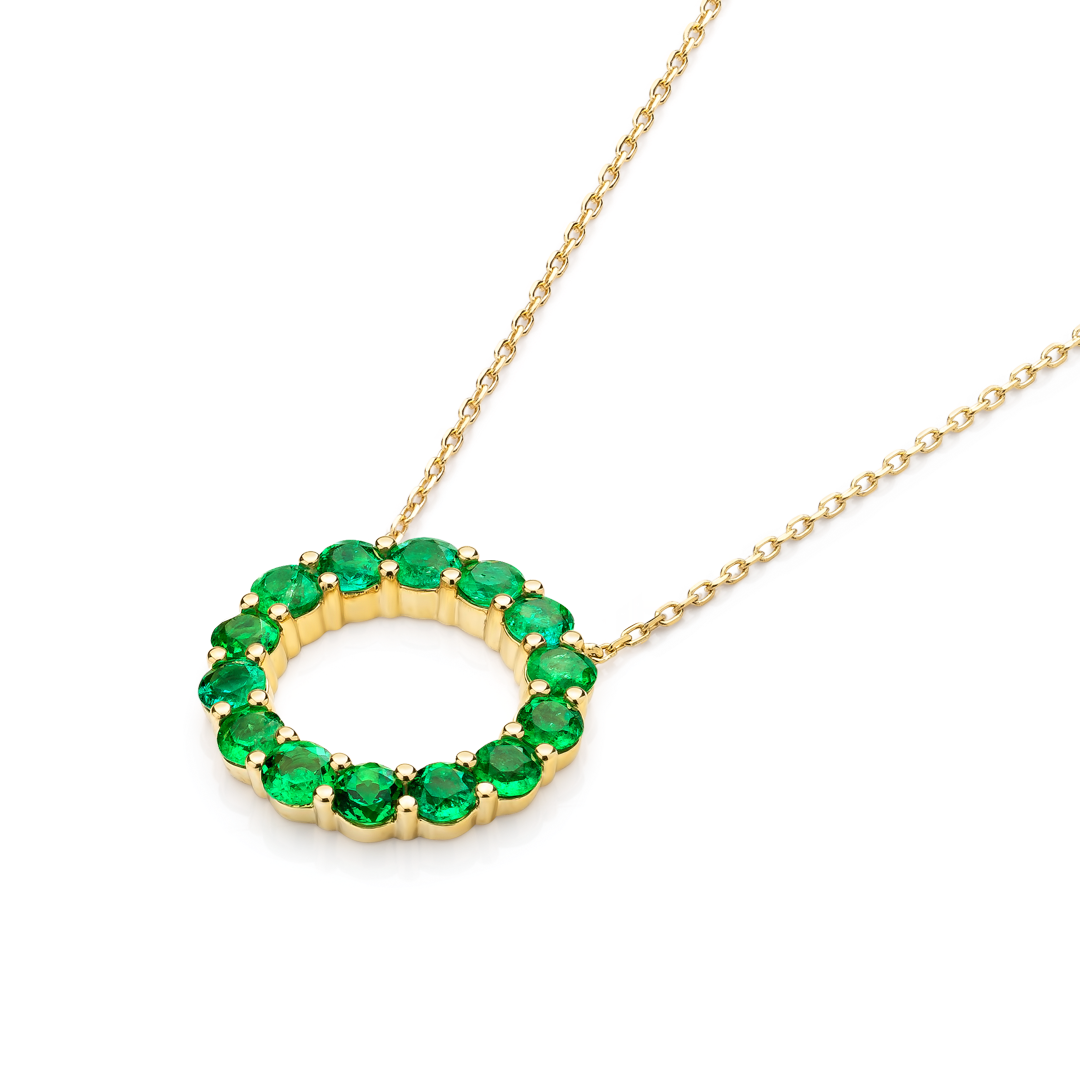 Large Colombian Emerald Circle Pendant Yellow Gold