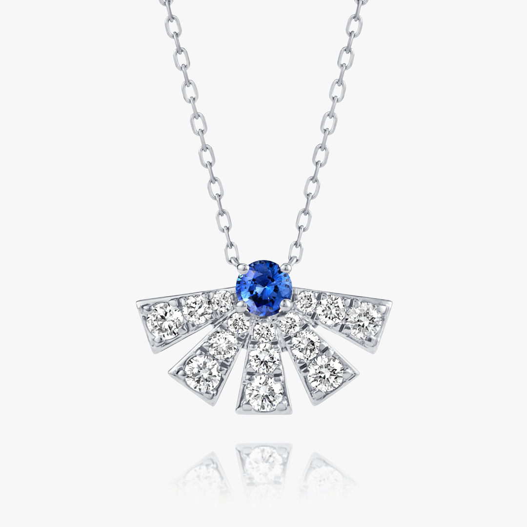 Half Sunrise Diamond And Blue Sapphire Pendant White Gold