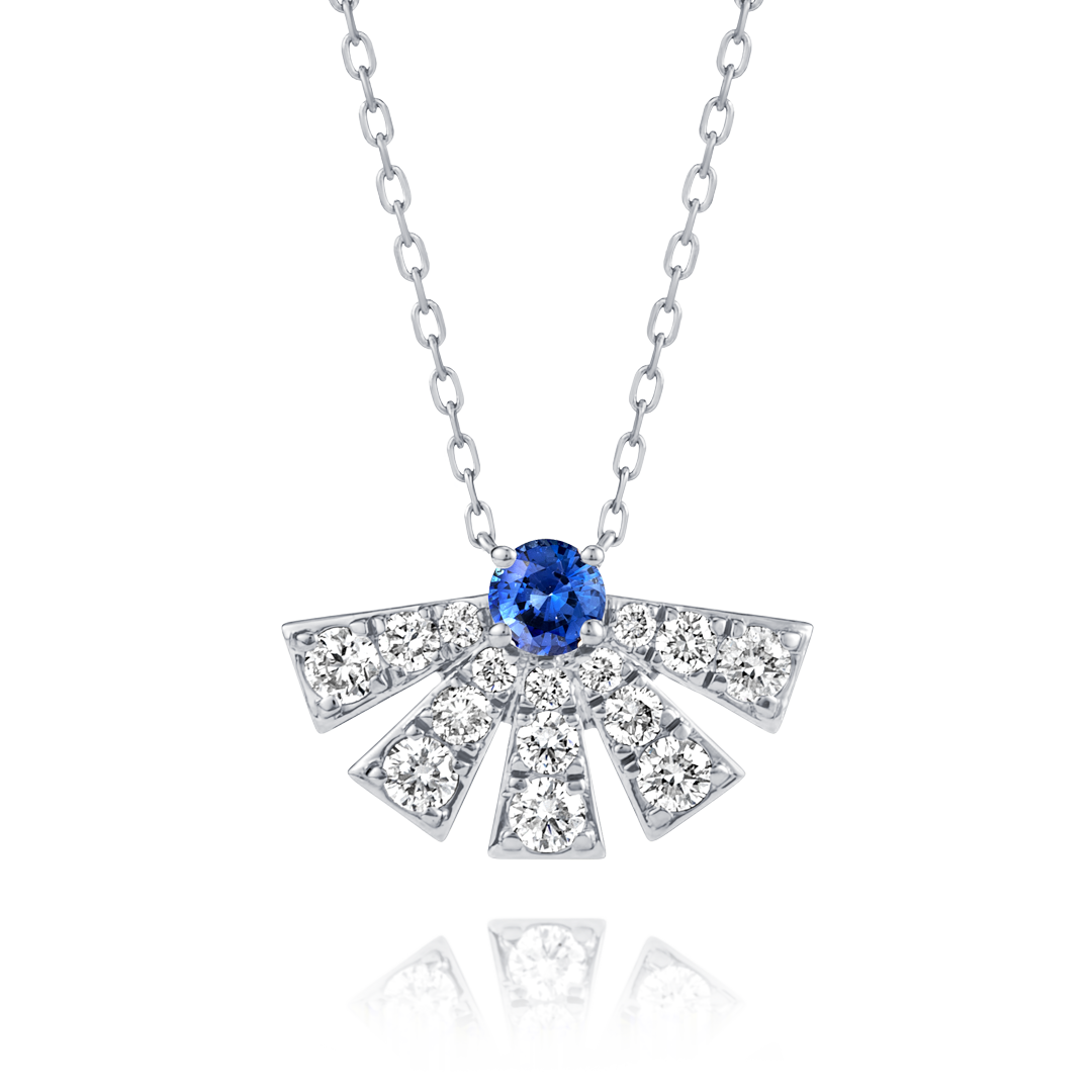 Half Sunrise Diamond And Blue Sapphire Pendant White Gold