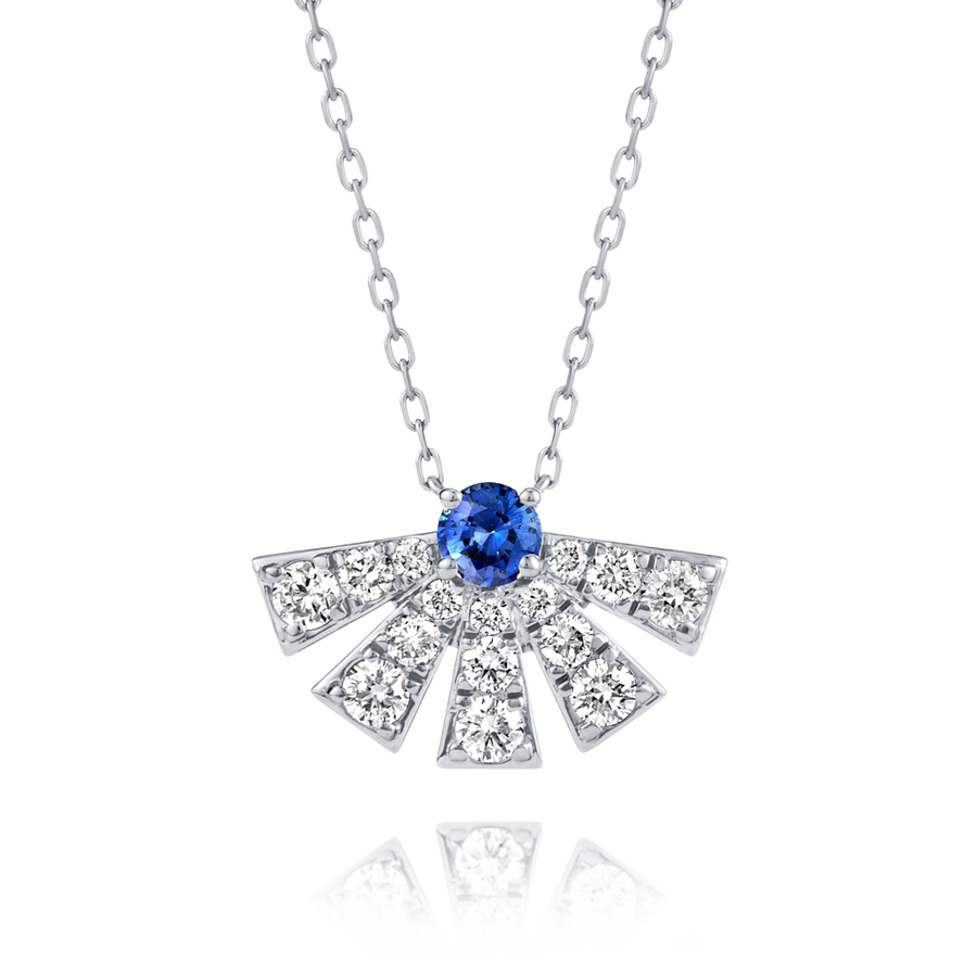 Half Sunrise Diamond And Blue Sapphire Pendant White Gold