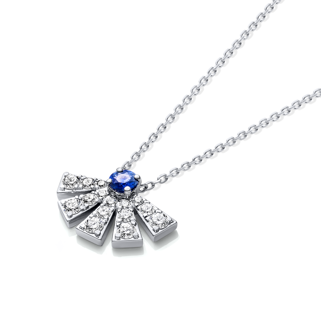 Half Sunrise Diamond And Blue Sapphire Pendant White Gold