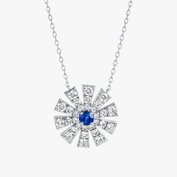 Full Sunrise Blue Sapphire & Diamond Pendant White Gold