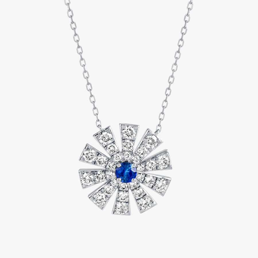 Full Sunrise Blue Sapphire & Diamond Pendant White Gold