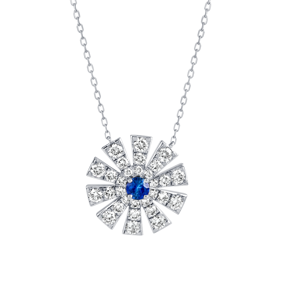 Full Sunrise Blue Sapphire & Diamond Pendant White Gold