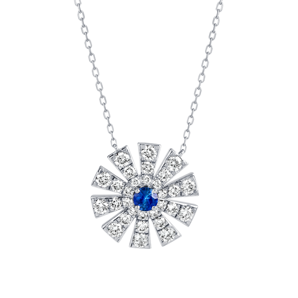 Full Sunrise Blue Sapphire & Diamond Pendant White Gold
