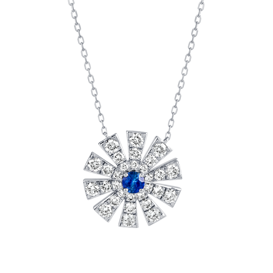 Full Sunrise Blue Sapphire & Diamond Pendant White Gold