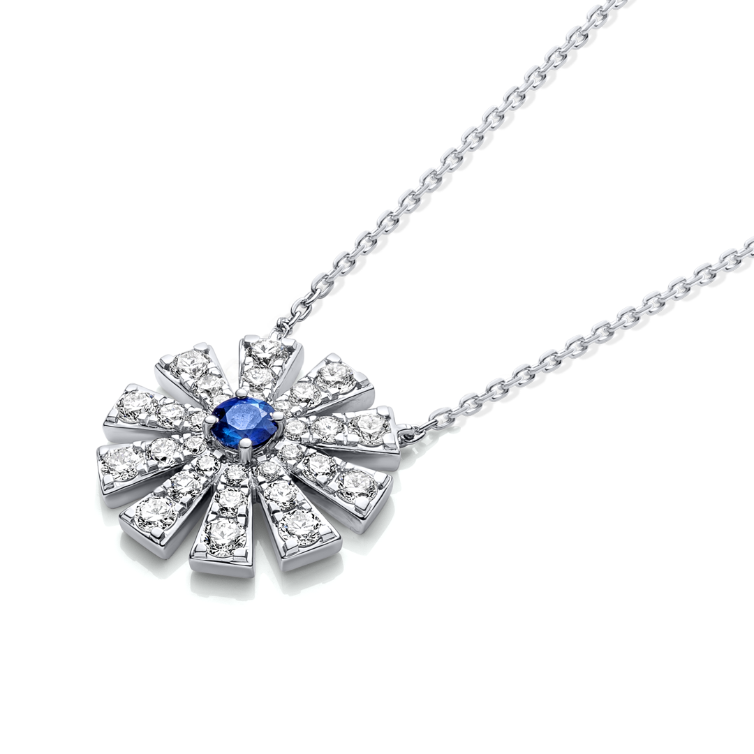 Full Sunrise Blue Sapphire & Diamond Pendant White Gold