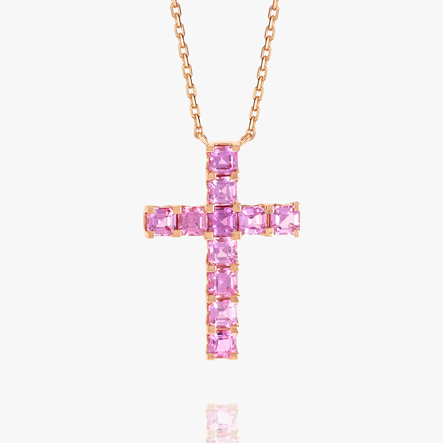 Thin Asscher Pink Sapphire Cross Pendant Rose Gold