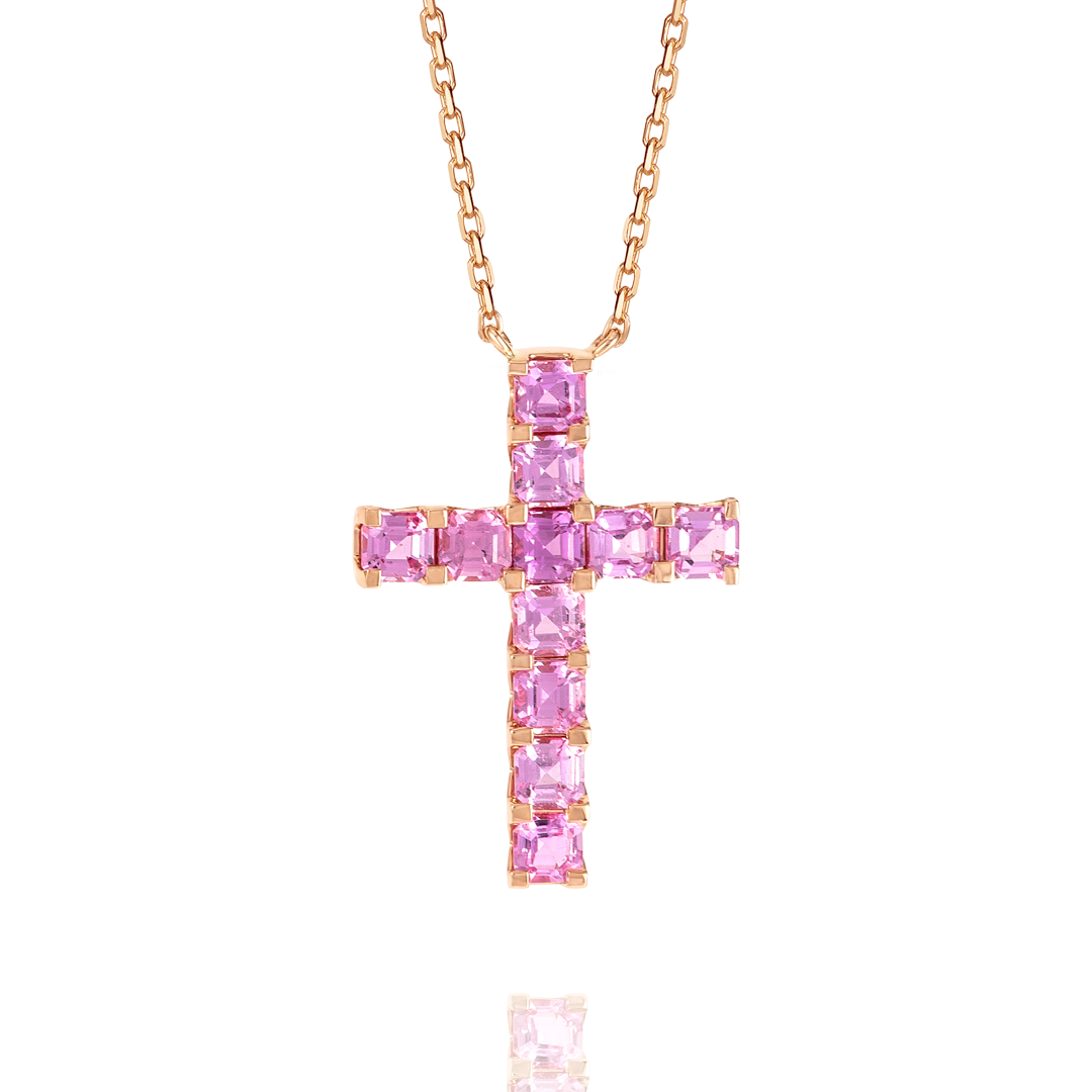 Thin Asscher Pink Sapphire Cross Pendant Rose Gold