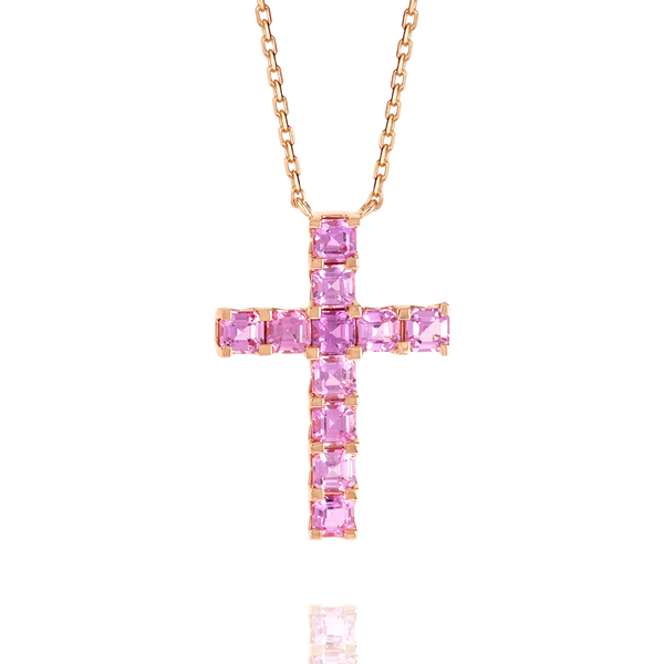 Thin Asscher Pink Sapphire Cross Pendant Rose Gold