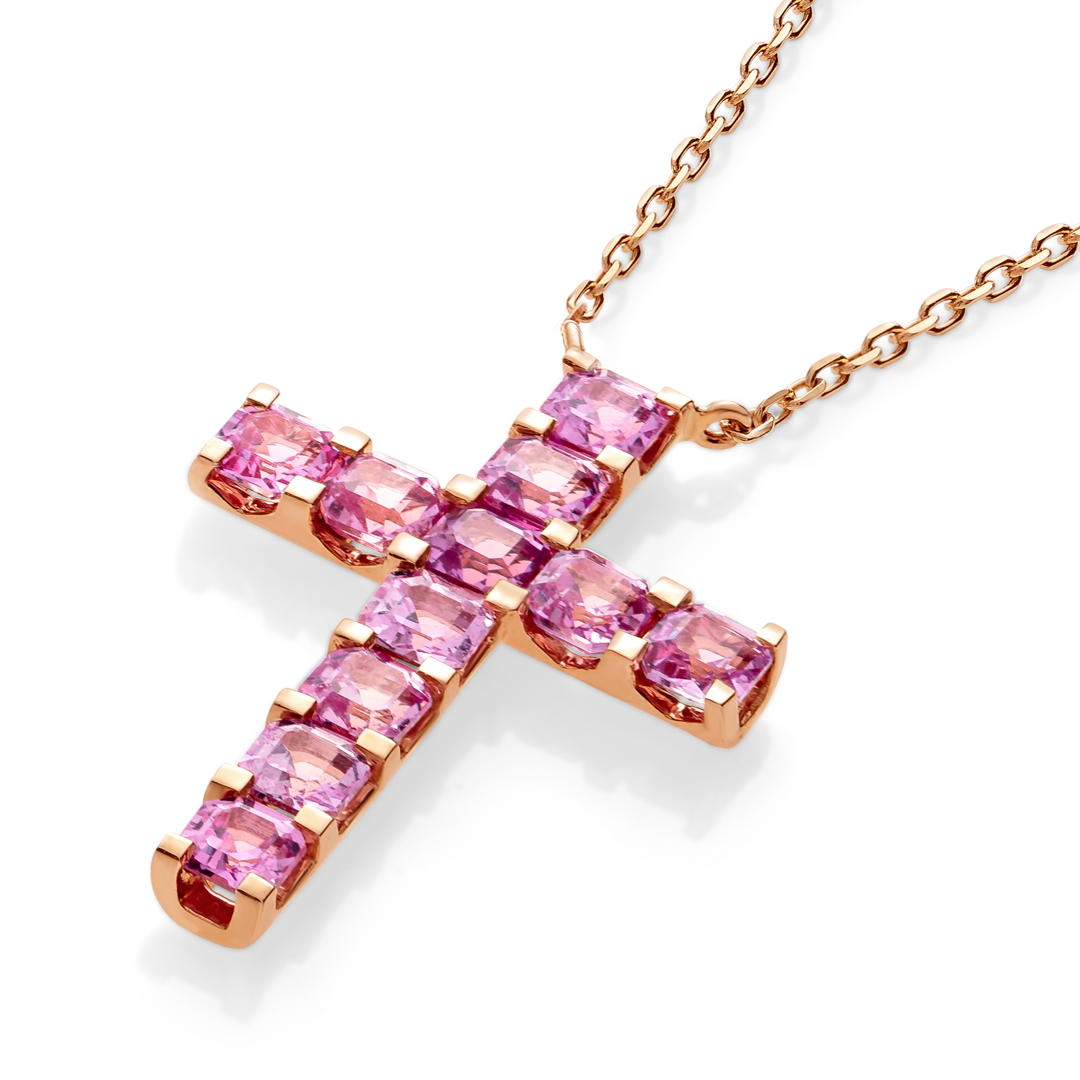 Thin Asscher Pink Sapphire Cross Pendant Rose Gold
