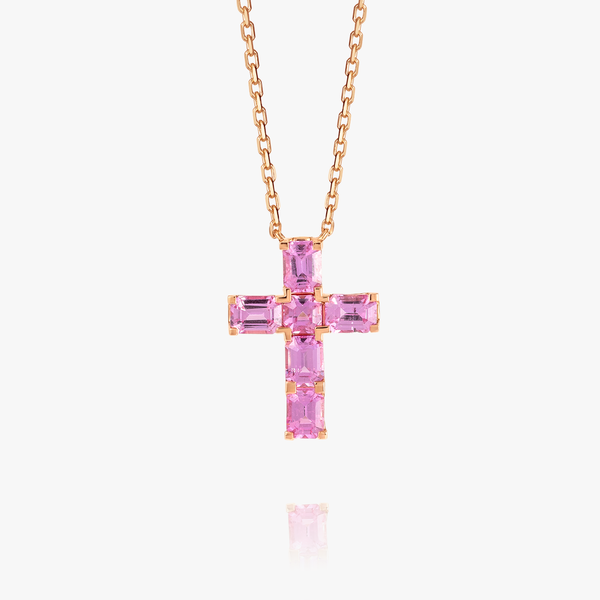 Thick Asscher Pink Sapphire Cross Pendant Rose Gold
