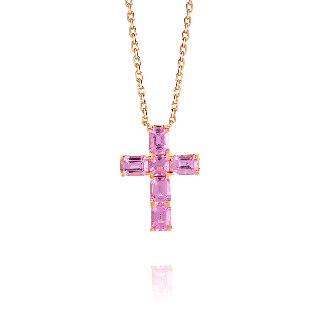 Thick Asscher Pink Sapphire Cross Pendant Rose Gold