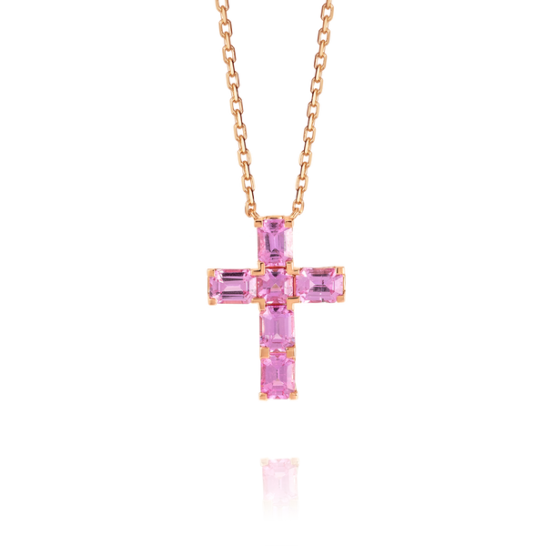 Thick Asscher Pink Sapphire Cross Pendant Rose Gold