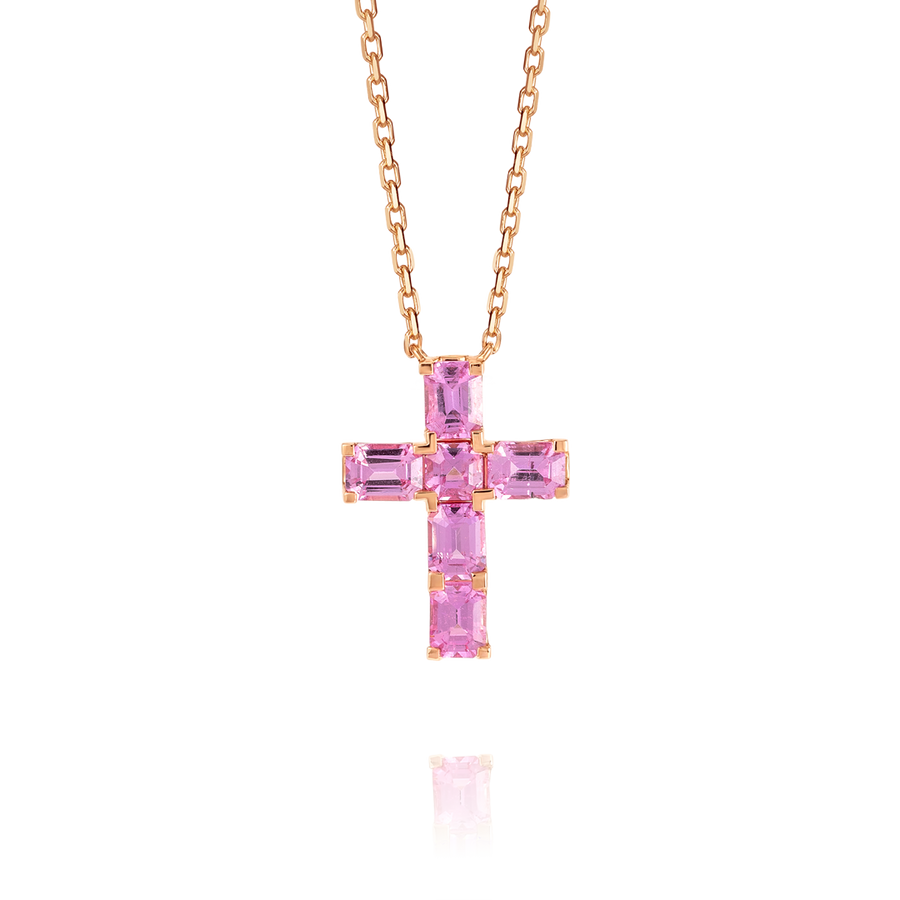 Thick Asscher Pink Sapphire Cross Pendant Rose Gold