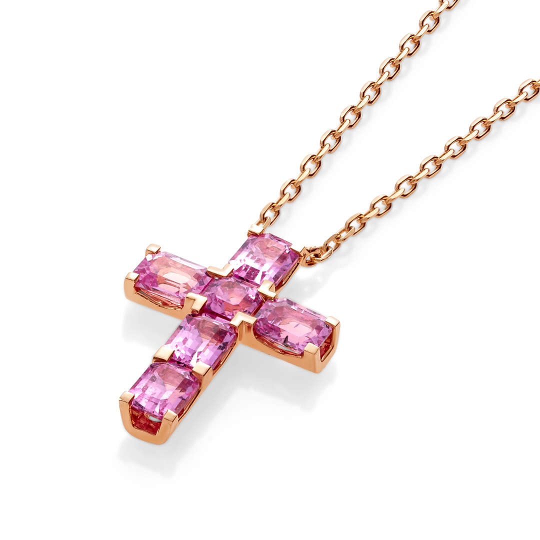 Thick Asscher Pink Sapphire Cross Pendant Rose Gold