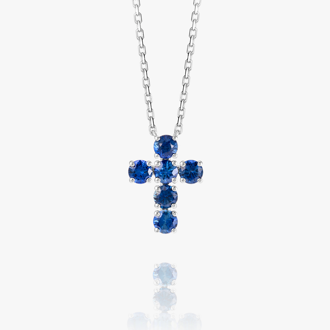 Large Blue Sapphire Cross Pendant White Gold