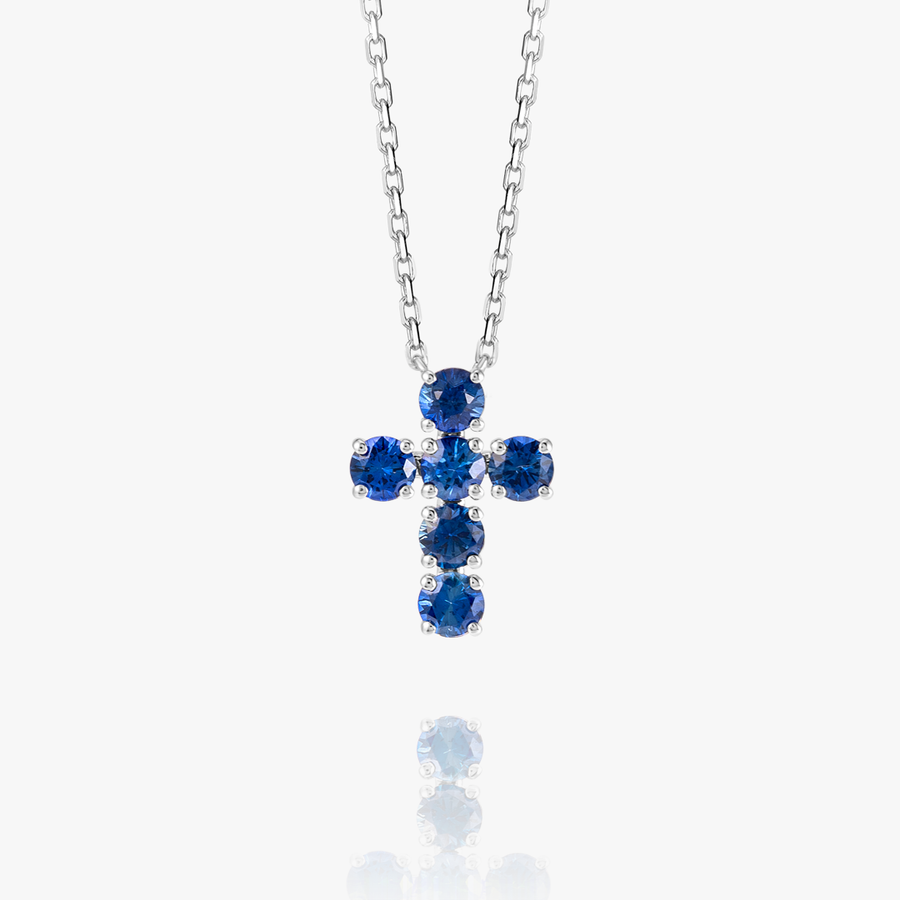Large Blue Sapphire Cross Pendant White Gold