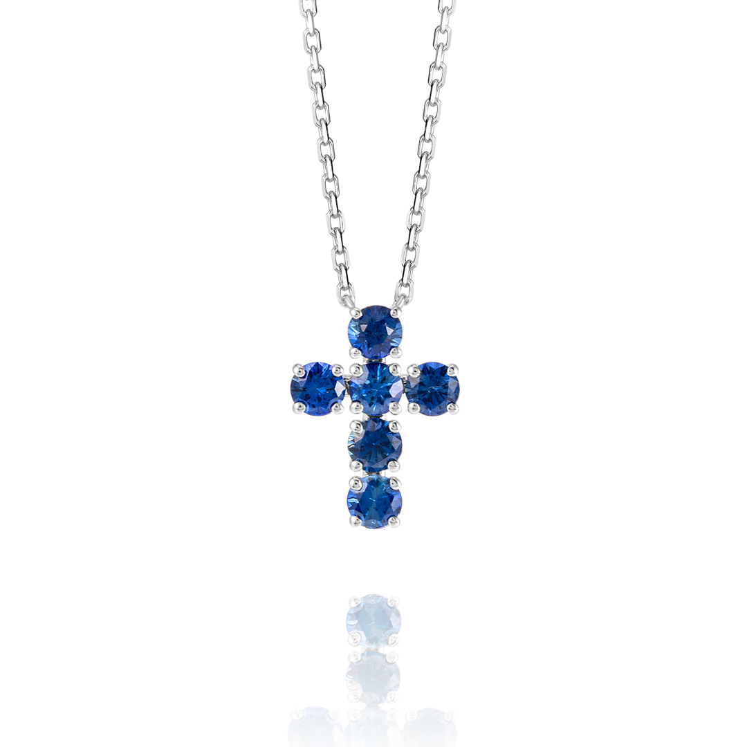 Large Blue Sapphire Cross Pendant White Gold