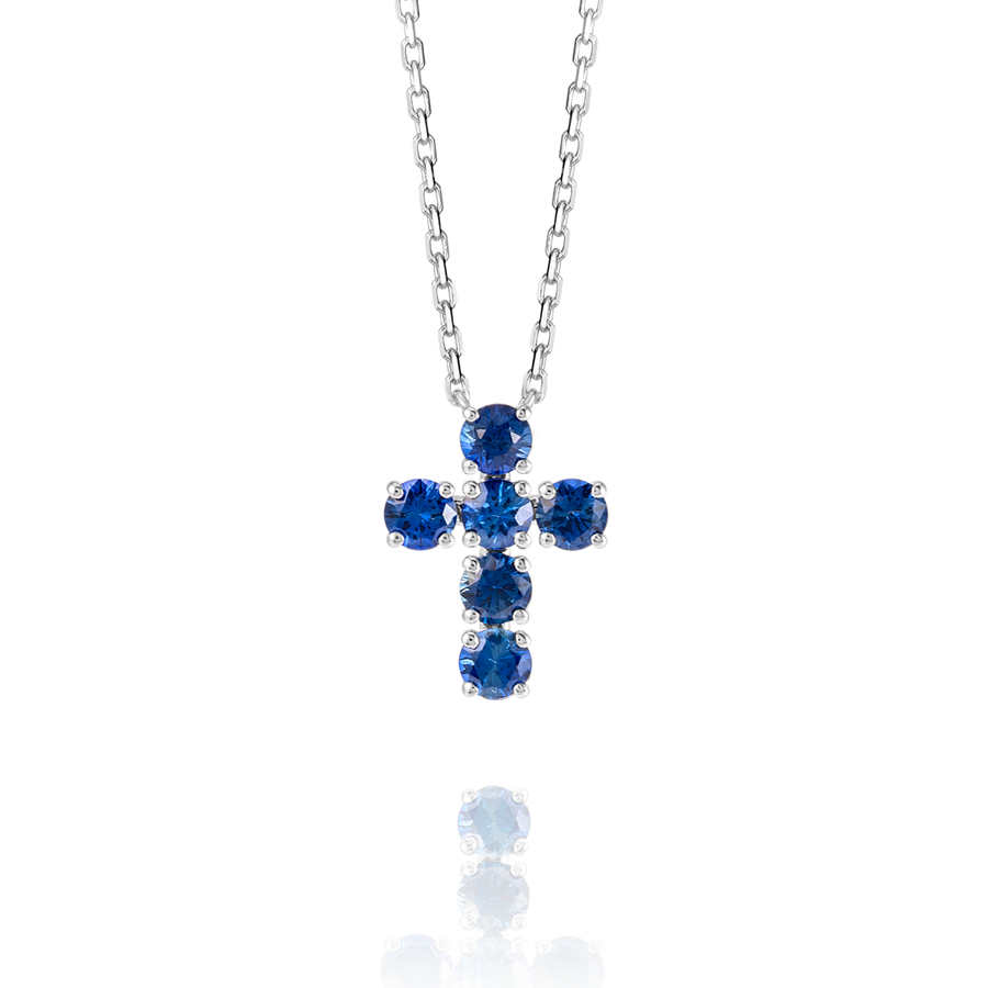 Large Blue Sapphire Cross Pendant White Gold