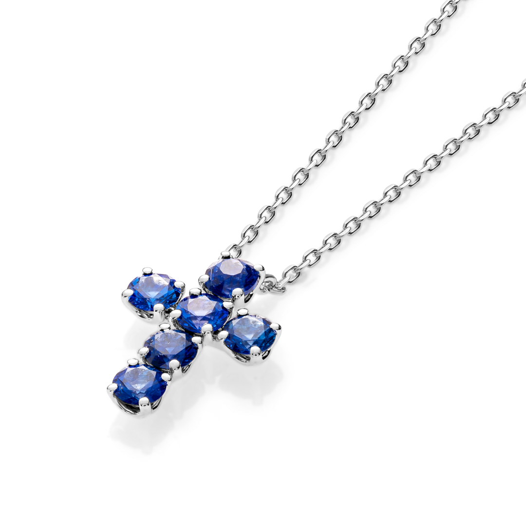 Large Blue Sapphire Cross Pendant White Gold