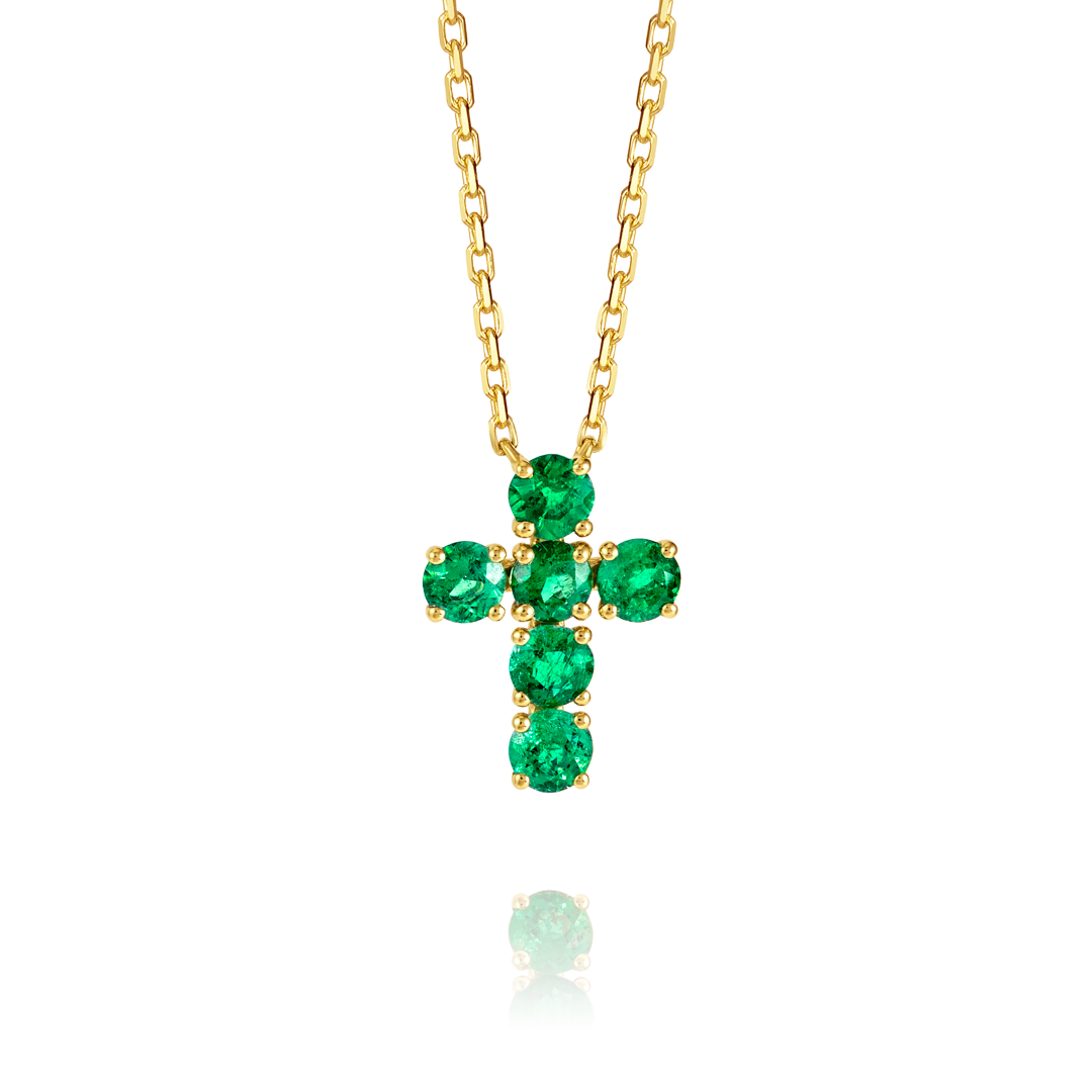 Large Green Emerald Cross Pendant Yellow Gold