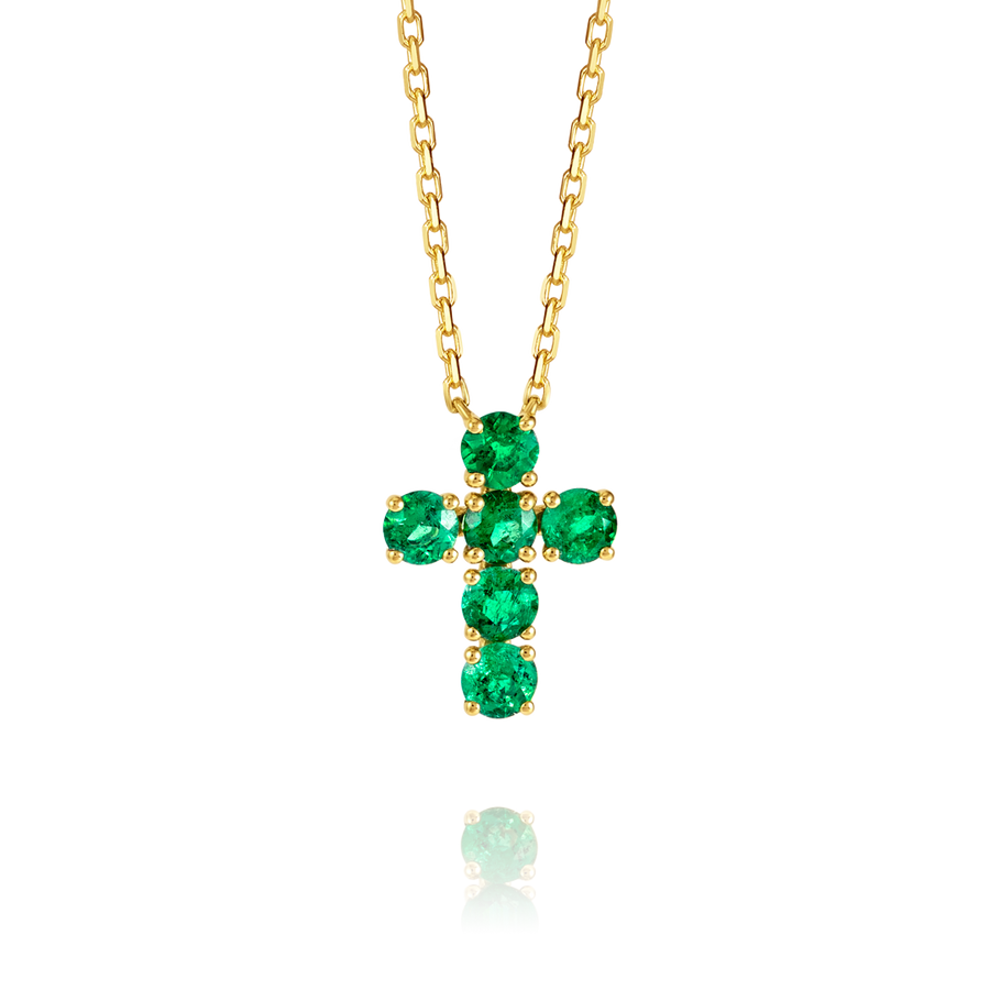 Large Green Emerald Cross Pendant Yellow Gold