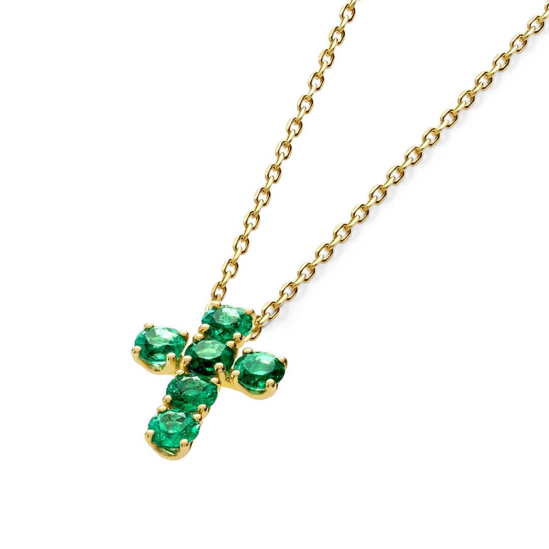 Large Green Emerald Cross Pendant Yellow Gold