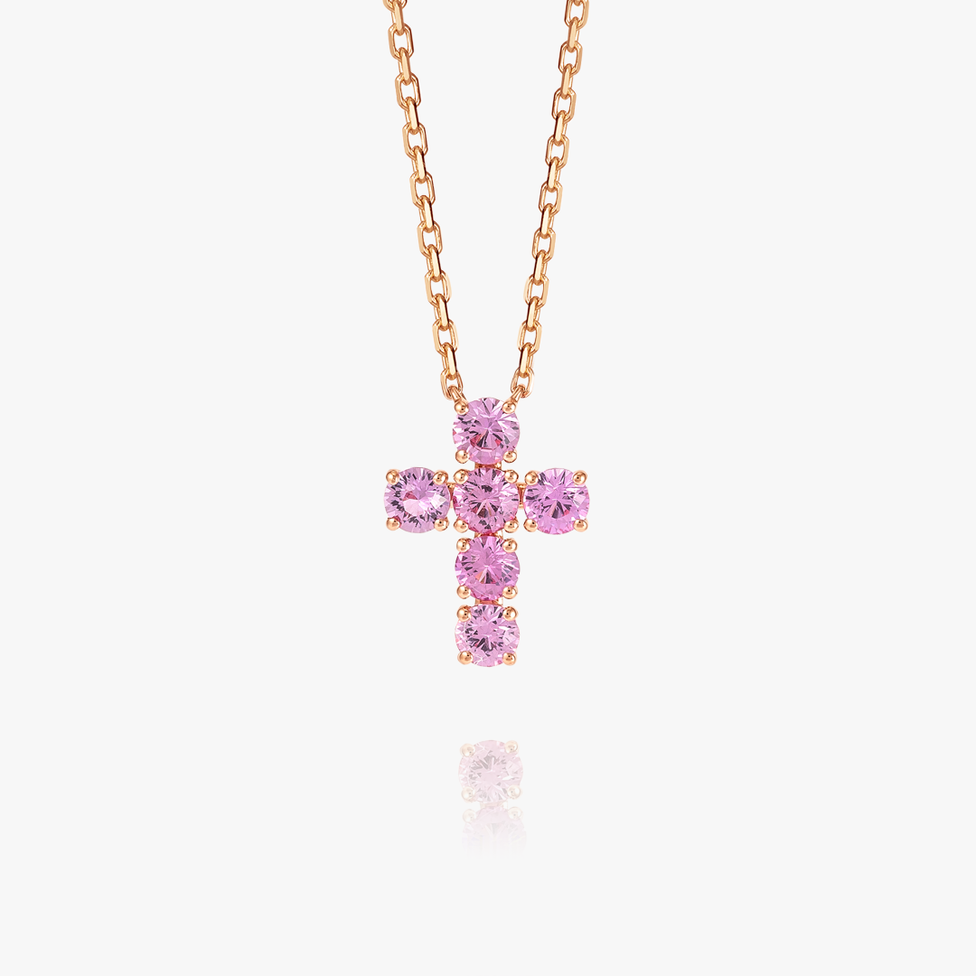 Large Pink Sapphire Cross Pendant Rose Gold
