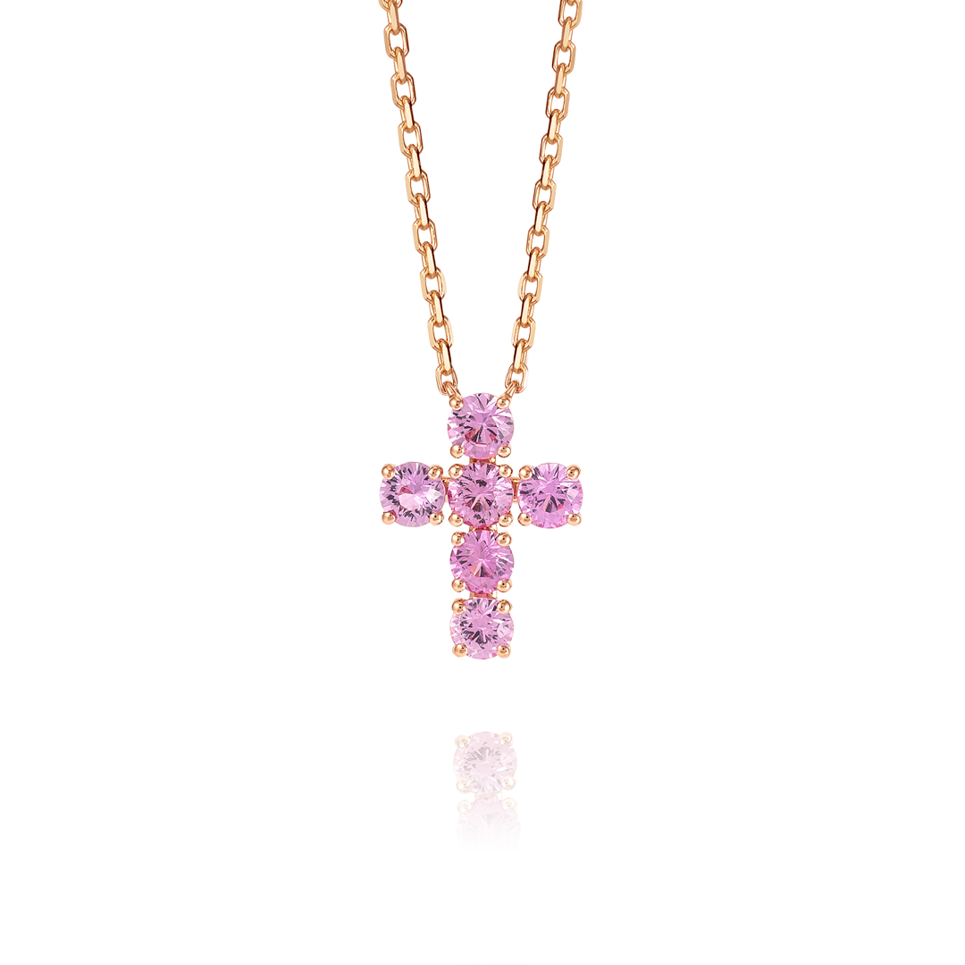 Large Pink Sapphire Cross Pendant Rose Gold