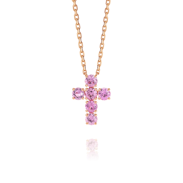 Large Pink Sapphire Cross Pendant Rose Gold