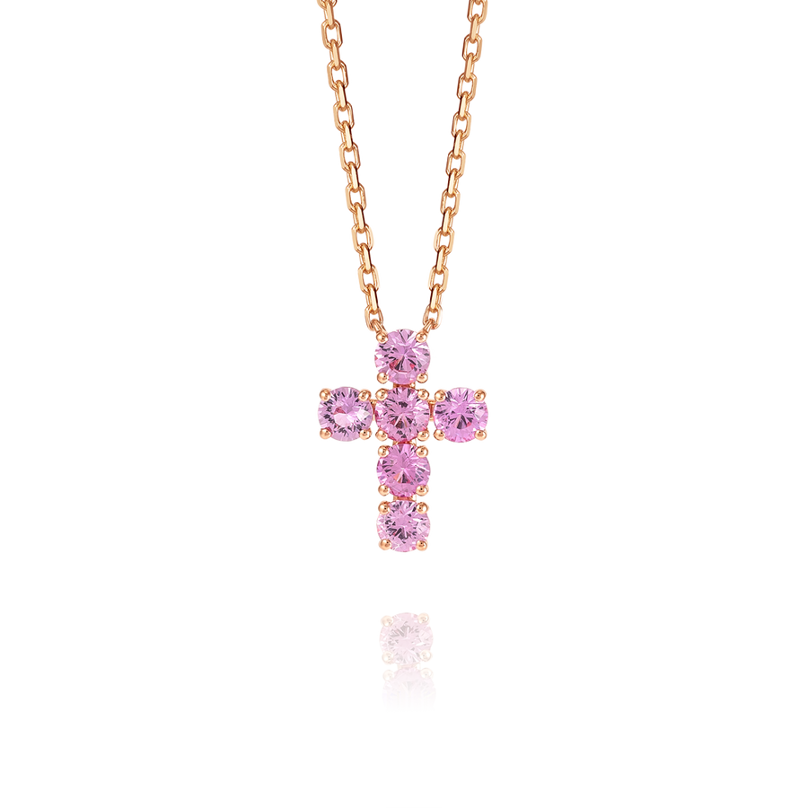 Large Pink Sapphire Cross Pendant Rose Gold