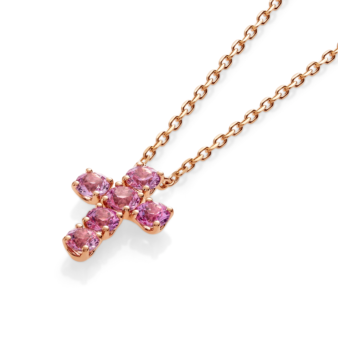 Large Pink Sapphire Cross Pendant Rose Gold