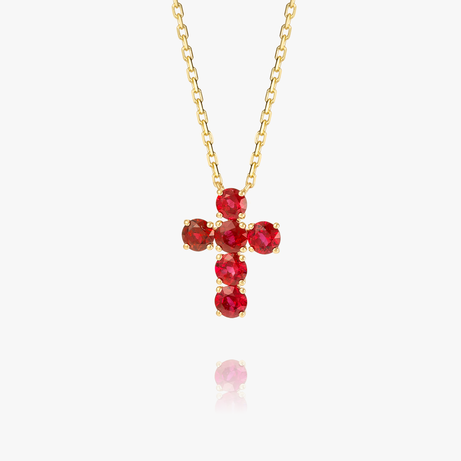 Large Red Ruby Cross Pendant Yellow Gold