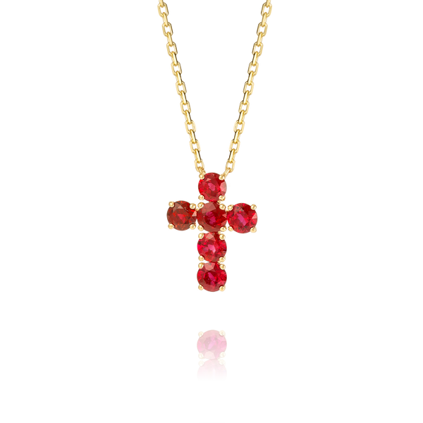 Large Red Ruby Cross Pendant Yellow Gold